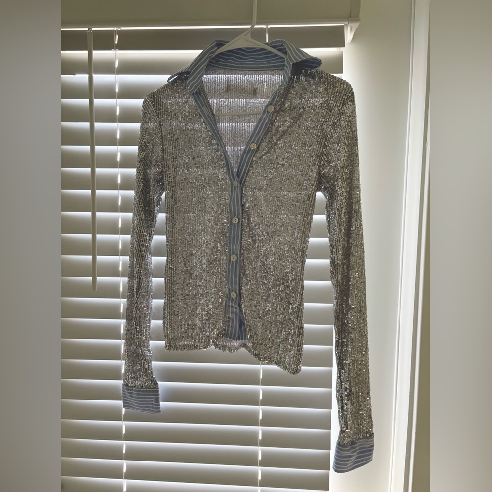 Hand Over Silver Sequin Button Down Shirt